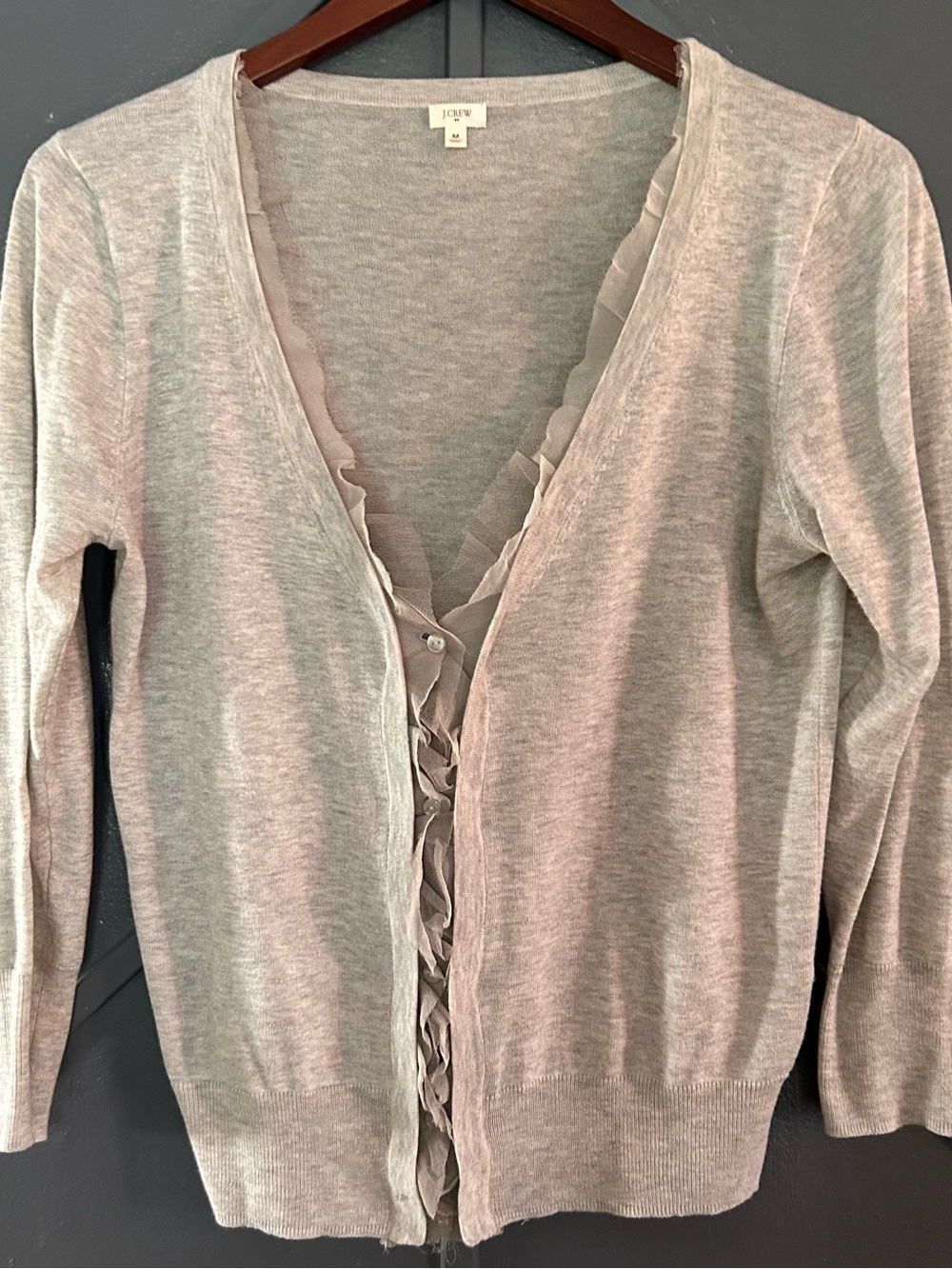 J. Crew Heather Gray Ruffle-Front V-Neck Cardigan